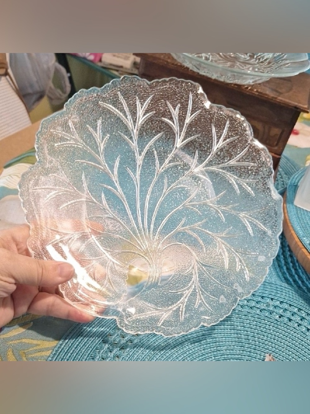 Clear Pressed Glass Decorative Plate with Leaf Pattern